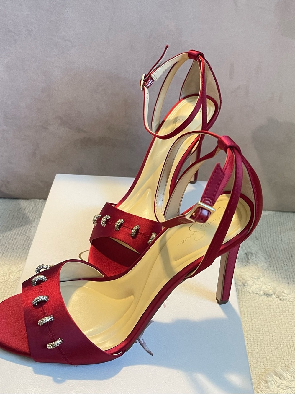 Jessica Simpson Red Satin Crystal-Embellished Ankle-Strap Heels